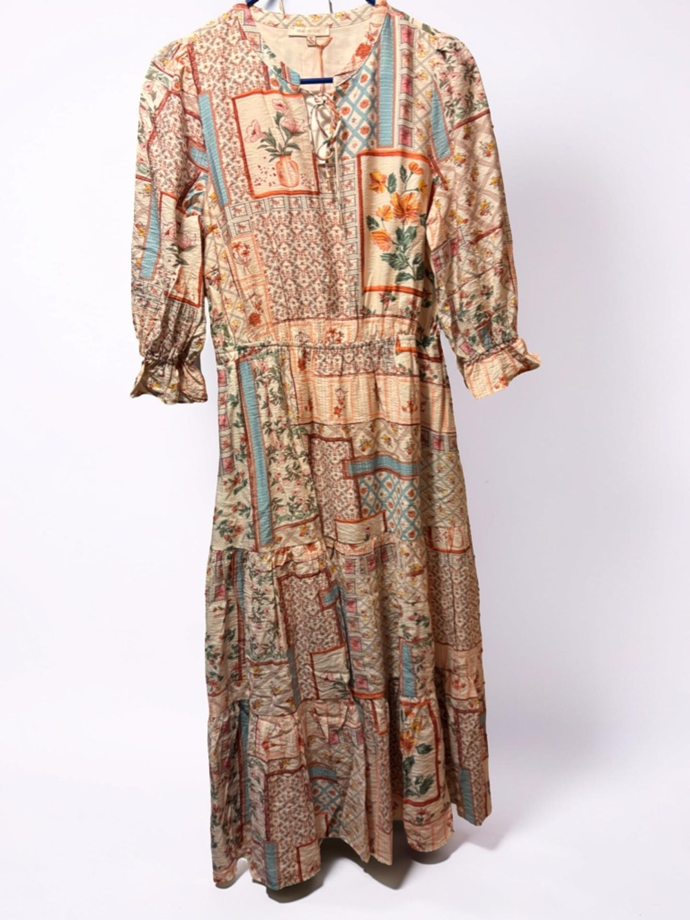 Skies Are Blue Patchwork Floral Maxi Dress in Cream and Blue